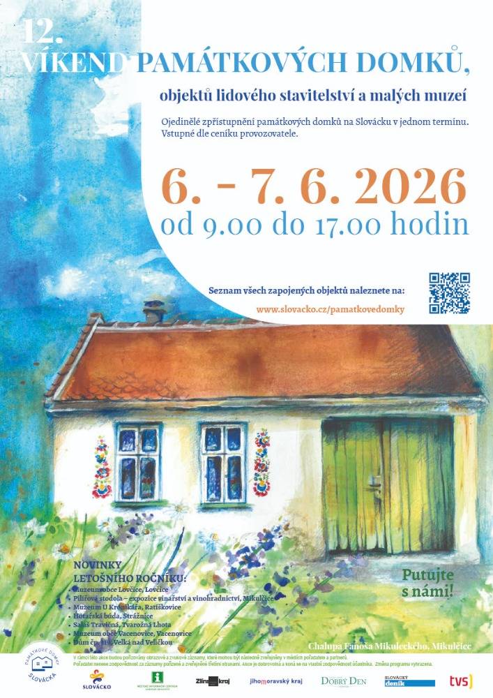 Srdečně Vás zveme na 12. VÍKEND PAMÁTKOVÝCH DOMKŮ, objektů lidového stavitelství a malých muzeí dne 6. - 7. 6. 2026. Představení sedm nových objektů, které můžete letos navštívit a jako první MUZEUM OBCE LOVČICE.