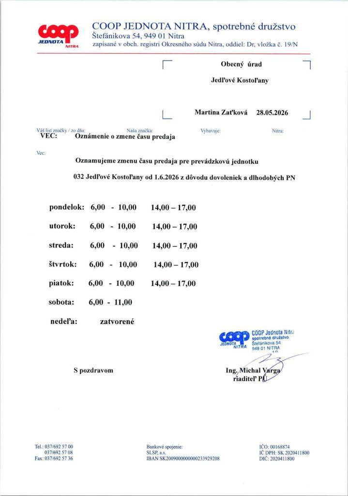 Zmena otváracích hodín COOP Jednota od 01.06.2026