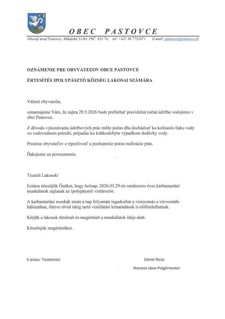 údržba vodojemu v obci Pastovce