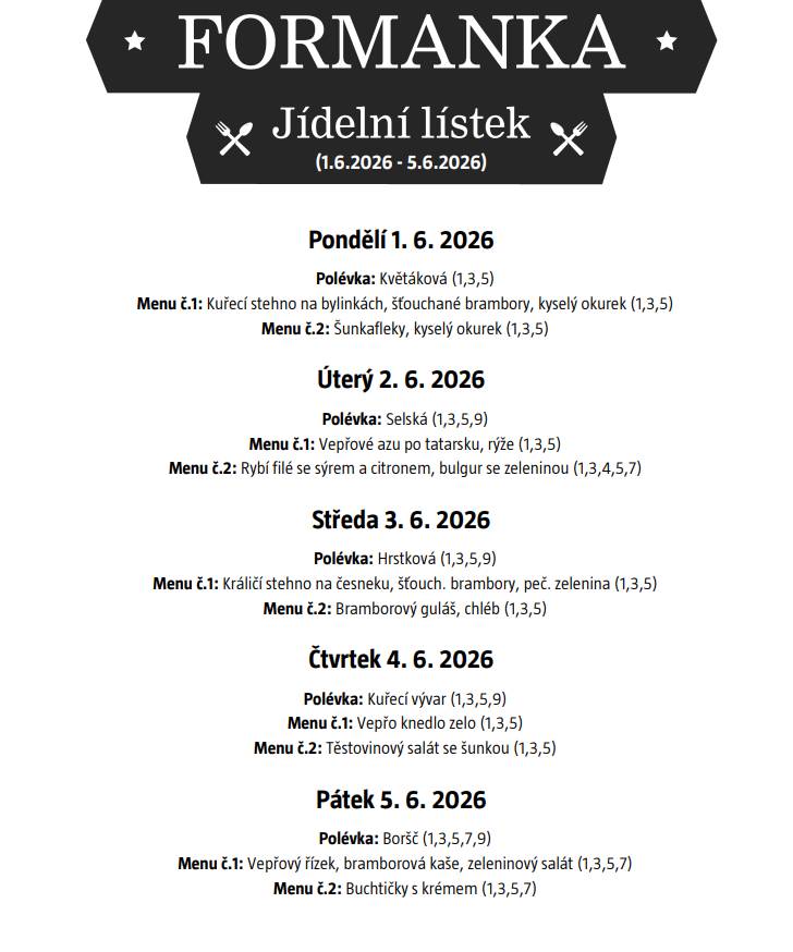Vážení a milí spoluobčané, přijďte ochutnat menu do naší Formanky. Formanka tým