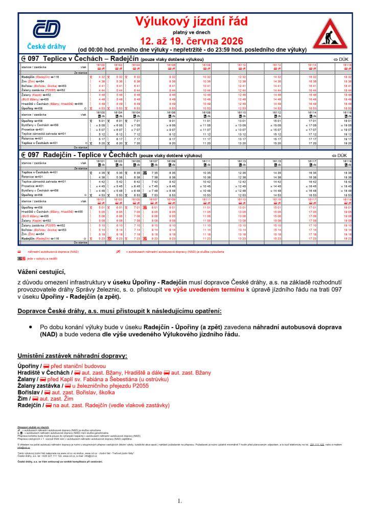 Provozovatel dráhy Správa železnic, s. o. informuje o plánované výluce na železniční trati 097 Teplice v Čechách - Radejčín (a zpět), která proběhne od 12. června 2026, 04:30 hod. nepřetržitě do 19. června 2026, 19:25 hod.