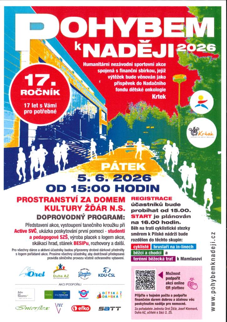 Sedmnáctý ročník akce Pohybem k naději, který pomůže nemocným dětem. V pátek 5. června každý z vás může osobně přispět Nadačnímu fondu dětské onkologie Krtek a zároveň se příjemně pobavit a zpestřit si páteční odpoledne. Registrace účastníků proběhne od 15.00 za žďárským Domem kultury...