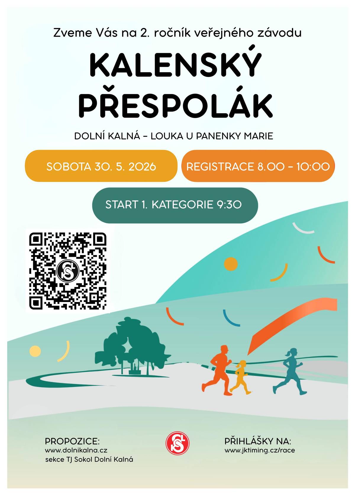 TJ Sokol Dolní Kalná pořádá v sobotu 30. května 2026 druhý ročník veřejného závodu v přespolním běhu pro děti i dospělé Kalenský přespolák.