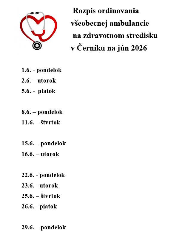 Rozpis ordinovania lekárov všeobecnej ambulancie na jún 2026
