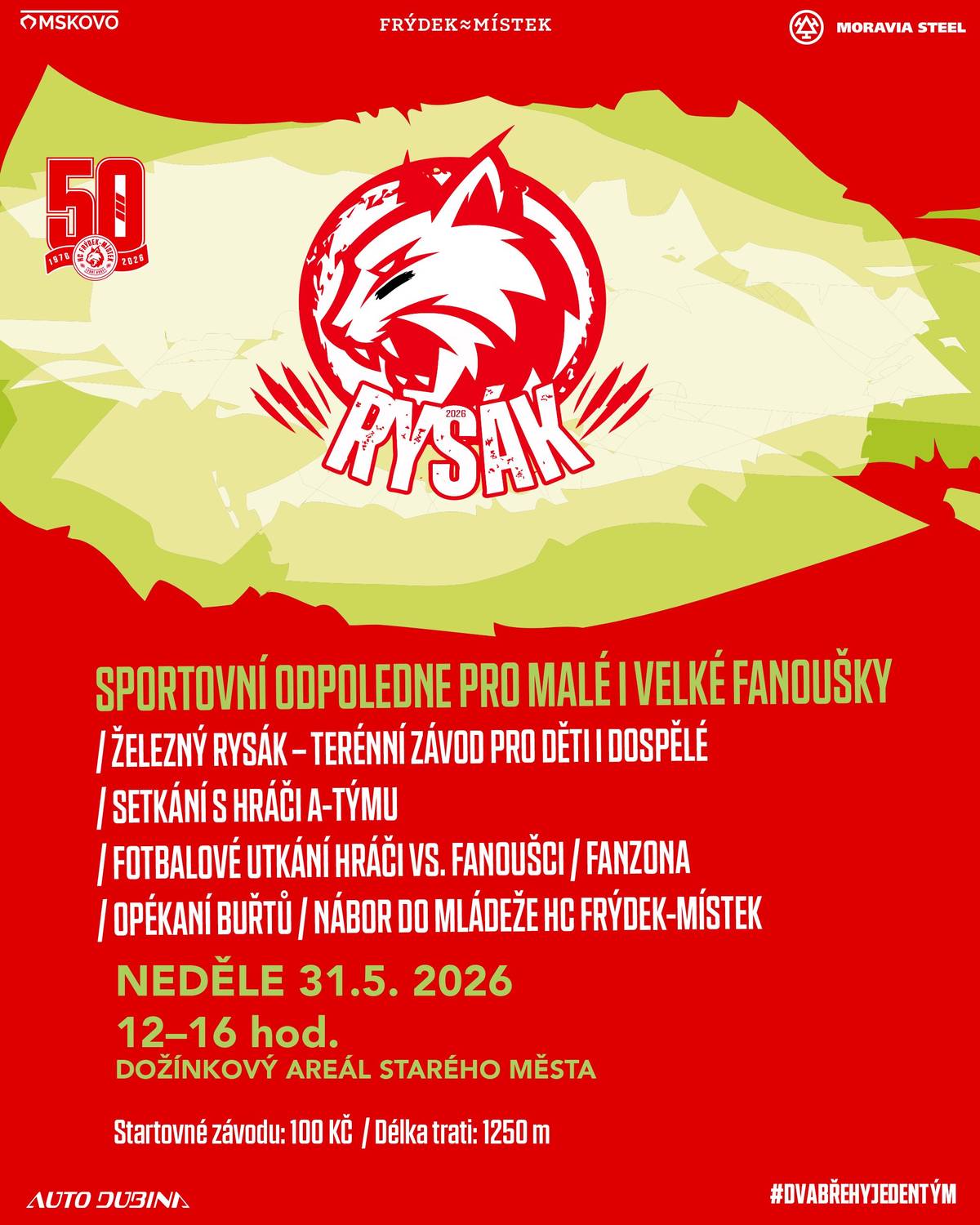 HC Frýdek-Místek vás zve v neděli 31. května na 6. ročník sportovního dne – akci pro všechny věrné fanoušky, rodiny s dětmi a milovníky pohybu.  TERÉNNÍ ZÁVOD: Registrace zde - Sportovní den s HC Frýdek-Místek – ŽELEZNÝ RYSÁK 2026 | Upfan Dále se můžete těšit na fanzónu, setkání s hráči A týmu, opékání buřtů, fotbalové utkání mezi hráči a fanoušky, nábor do hokejové mládeže.  HC Frýdek-Místek - oficiální internetové stránky