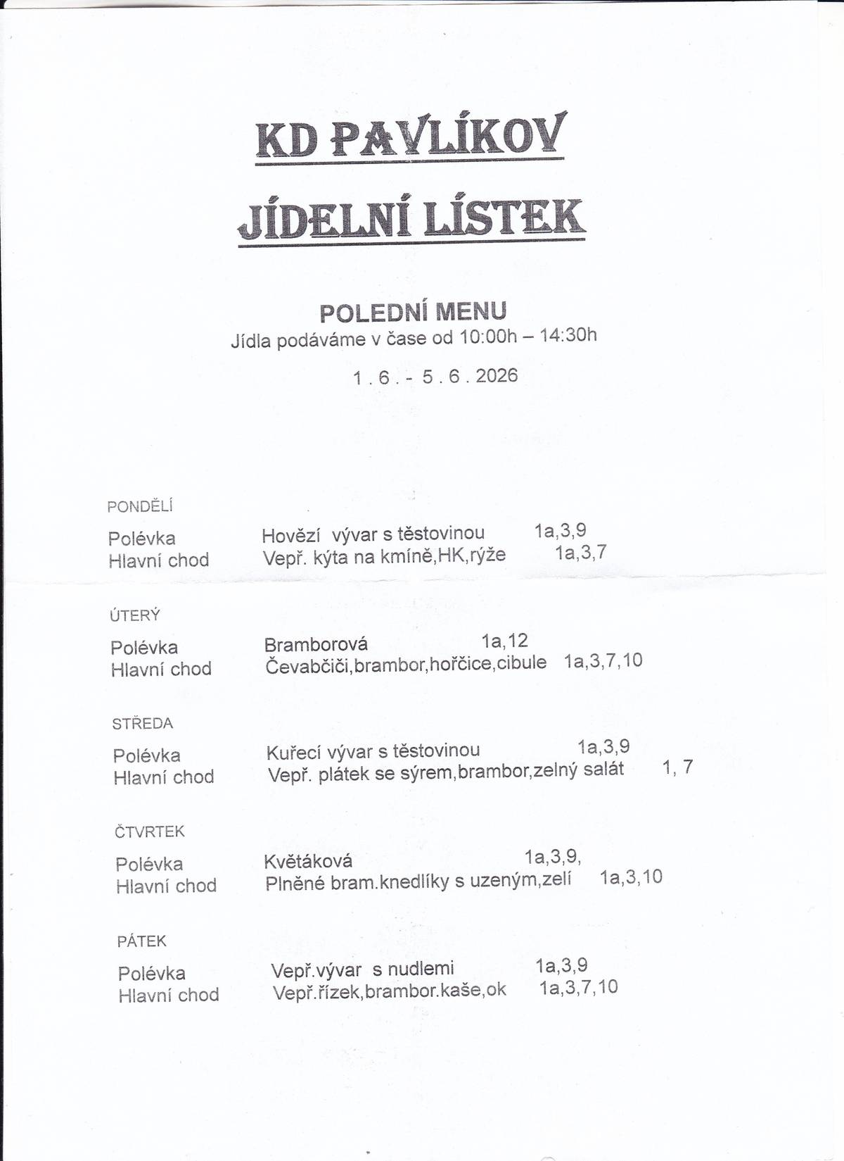Jídelní lístek KD Pavlíkov od 1.6.do 5.6.2026