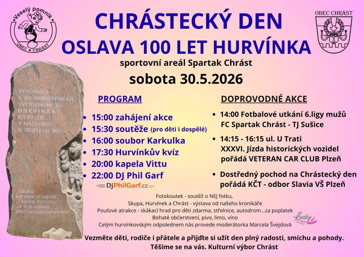 Již v sobotu 30. 5. od 15:00 nás čeká CHRÁSTECKÝ DEN. Přijďte s námi oslavit 100 let Hurvínka!  Těšit se můžete na bohatý program, pouťové atrakce, soutěže pro děti i dospělé, Hurvínkův kvíz, občerstvení a skvělou hudbu. Chybět nebude ani pivo, limo, víno a káva.