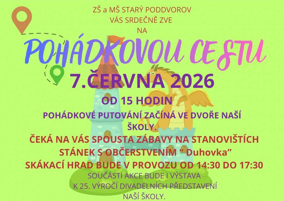 Přijďte s námi oslavit Den dětí v neděli 7. června! Co vás čeká? Pohádková cesta ulicemi Starého Poddvorova a pro větší i menší děti dva skákací hrady se vstupem zcela zdarma.  Pohádková cesta bude otevřena v 15:00 hodin. Občerstvení zajistí stánek kavárny Duhovka z Hodonína.