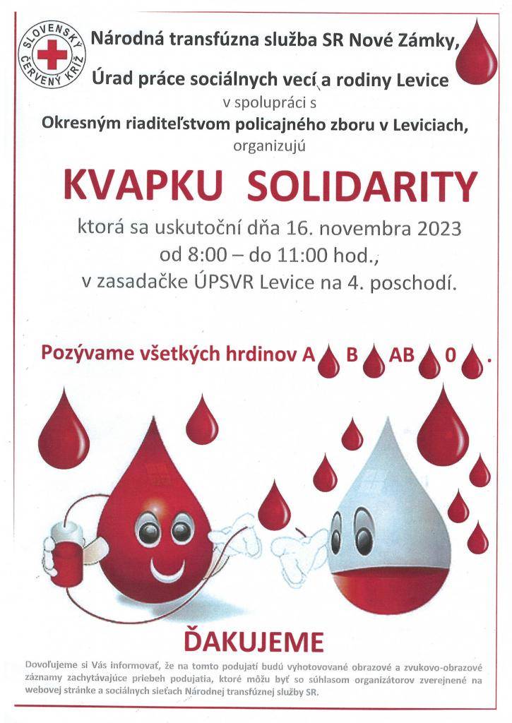 Národná transfúzna služba SR Nové Zámky, ÚPSVaR Levice a OR PZ Levice organizujú Kvapku Solidarity