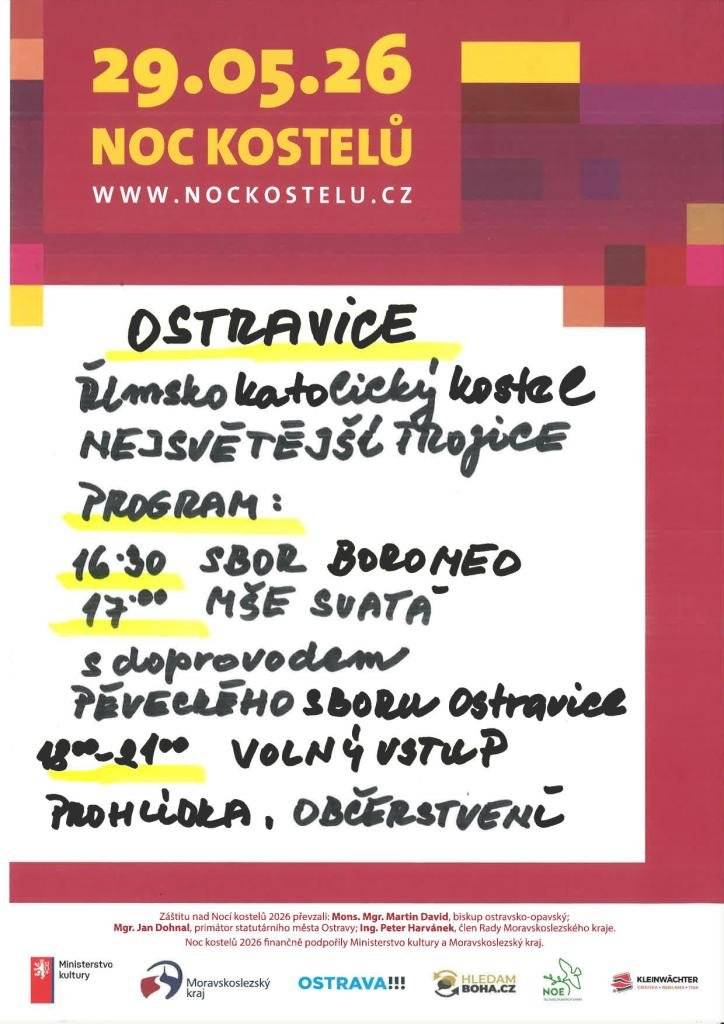 Vážení občané, zveme Vás na NOC KOSTELŮ v pátek 29.5. od 16.30 h v katolickém kostele a od 17 h v kostele na kopečku.