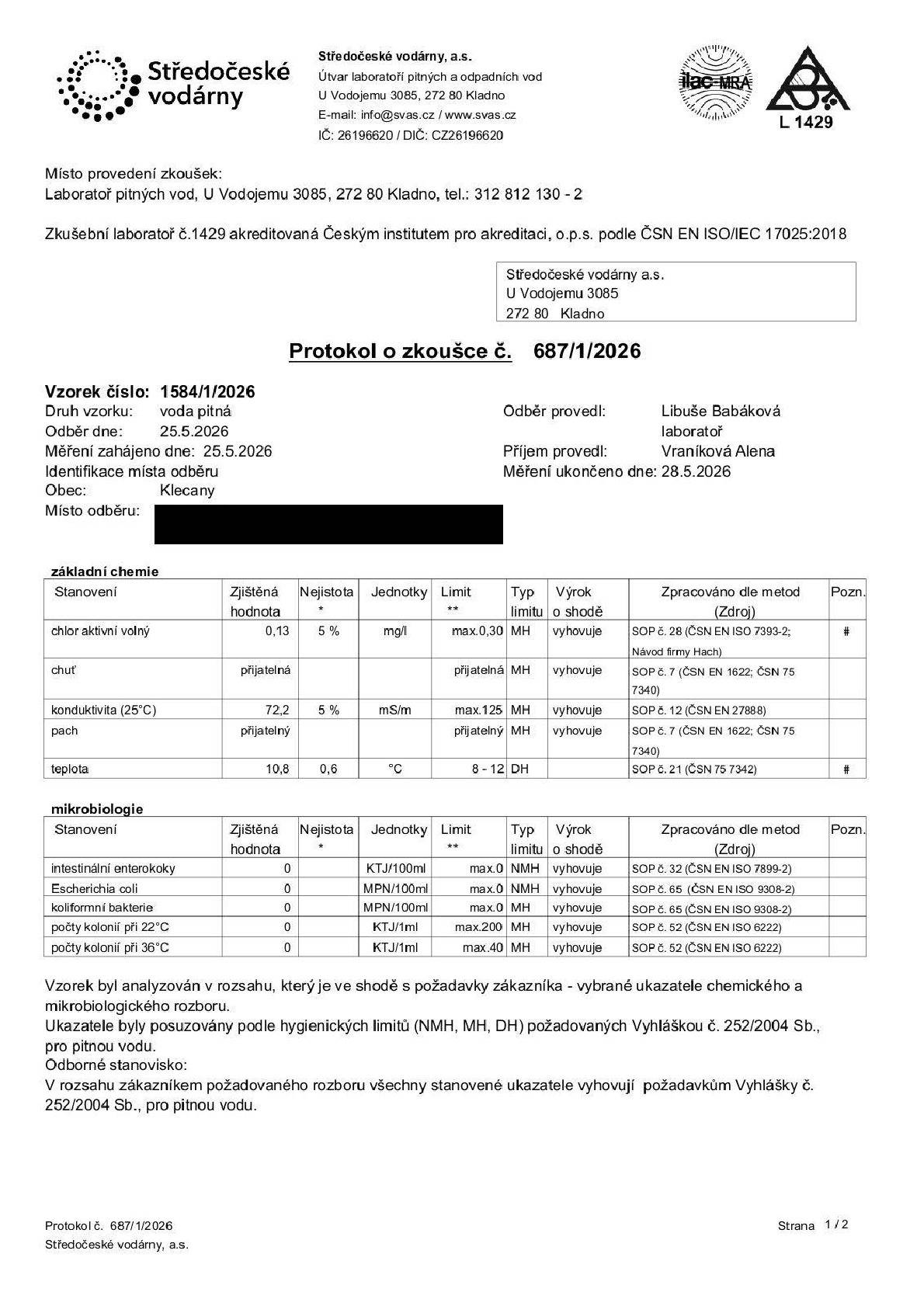 Na základě podnětu občanů, ve smyslu kontroly kvality pitné vody v Klecanech, provedly Středočeské vodárny, a.s. laboratorní zkoušku pitné vody ze vzorku odebraného z vodovodního řadu v oblasti Boleslavky. Všechny stanovené ukazatele vyhovují požadavkům Vyhlášky č. 252/2004 Sb., pro pitnou vodu.