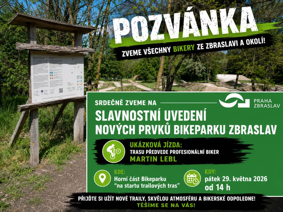 Srdečně vás zveme na slavnostní uvedení nově vybudovaných částí Bikeparku Zbraslav, které proběhne dnes, v pátek 29. května 2026 od 14:00 v horní části areálu.   Součástí programu bude také ukázková jízda nové trasy, kterou předvede profesionální biker Martin Lebl. Přijďte si prohlédnout nové úseky a užít si odpoledne plné trailového ježdění a bikové atmosféry.