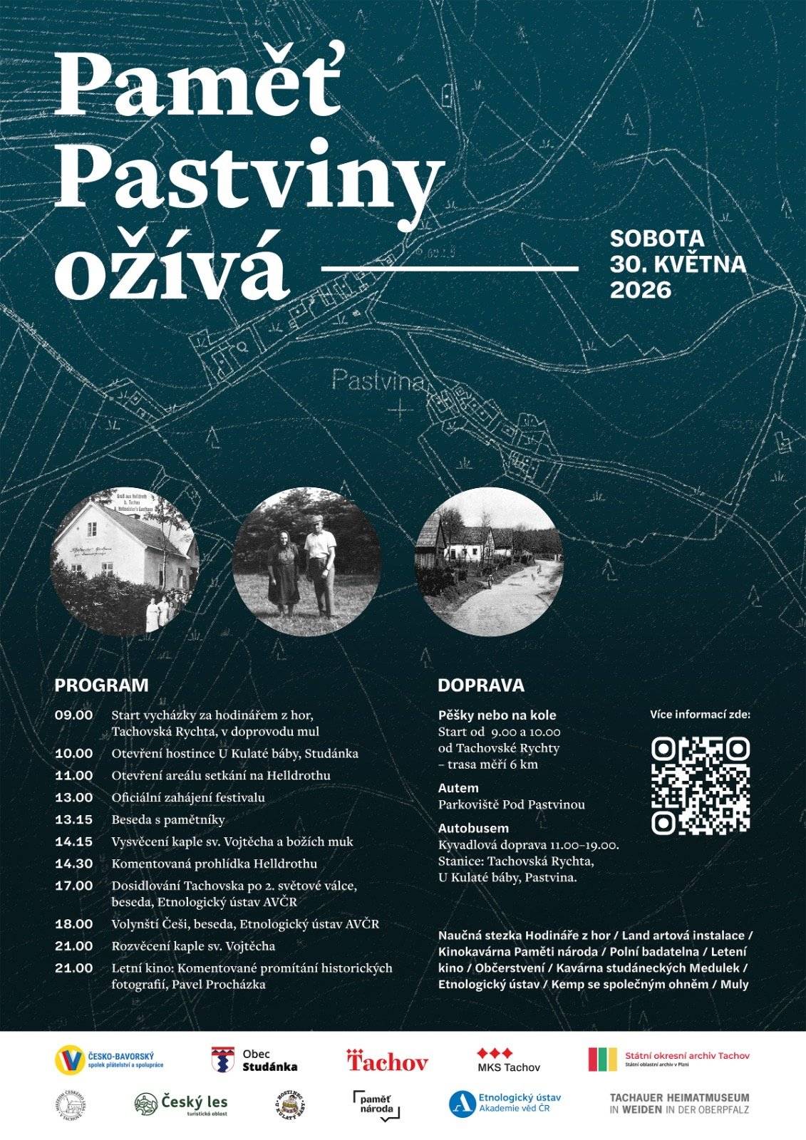 V SO, 30.5. akce Paměť Pastviny ožívá. Program: helldroth.cbs-tbv.eu V 9h pěší výlet z tachovské Rychty, přes Studánku na Pastvinu (Helldroth) s naučnou stezkou s hádankami a tajenkou v doprovodu mul. Na Pastvině: Ve 13h zahájení, beseda s pamětníky, ve 14:15h svěcení obnovených božích muk, žehnání v kapli sv. Vojtěcha. Dále kinokavárna Paměti národa, besedy, naučná vycházka po Pastvině, Etnolofický ústav AVČR, kamenosochařská huť, polní badatelna, dětský koutek. Večer letní kino a noc kostelů v kapli sv. Vojtěcha. Možnost kempingu na louce, společný oheň. Kyvadlová doprava z Rychty - U Kulaté báby-Pastvina parkoviště a zpět. Odjezdy ze Studánky cca v 11:10h, 13:10h, 16:10h, 18:10h. Zpět z Pastviny v 12,15,17,19h.