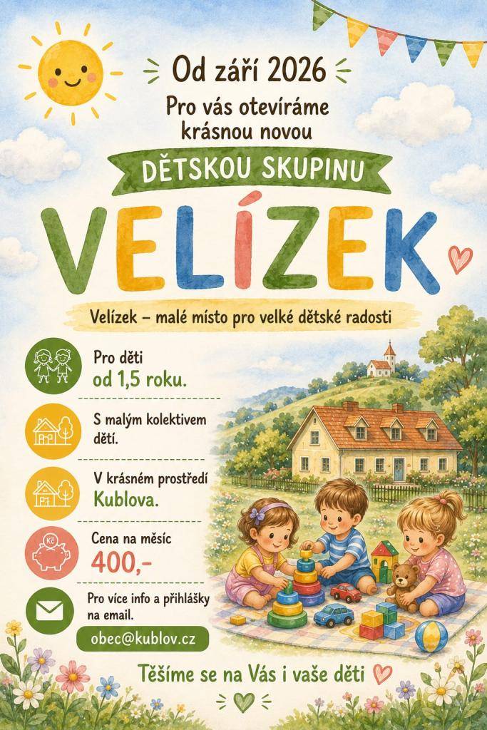 Stále probíhá zápis do dětské skupiny "VELÍZEK". Zbývá několik volných míst. Těšíme se na Vás.