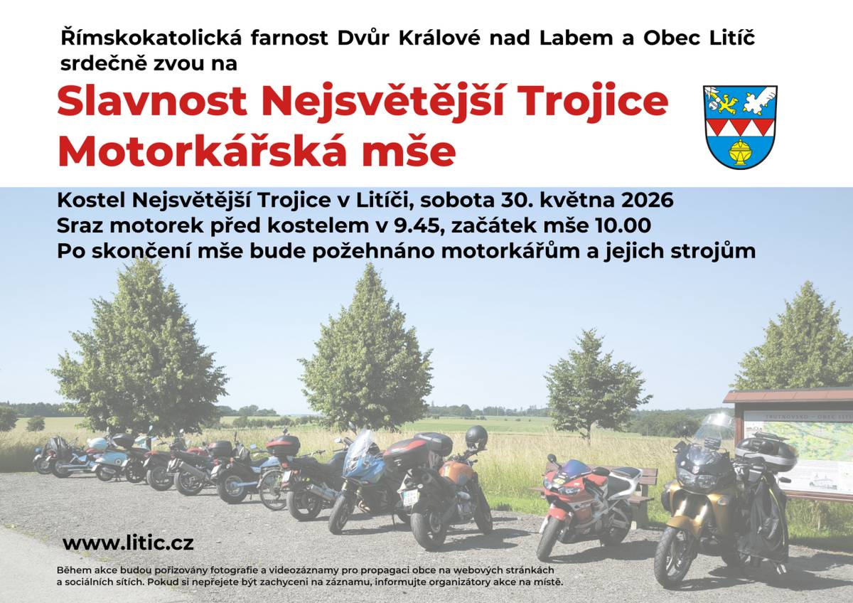Srdečně zveme v sobotu 30.5. do kostela v Litíči na Slavnost Nejsvětější trojice - motorkářskou mši. Sraz motorek před kostelem v 9.45, začátek mše v 10 hodin.