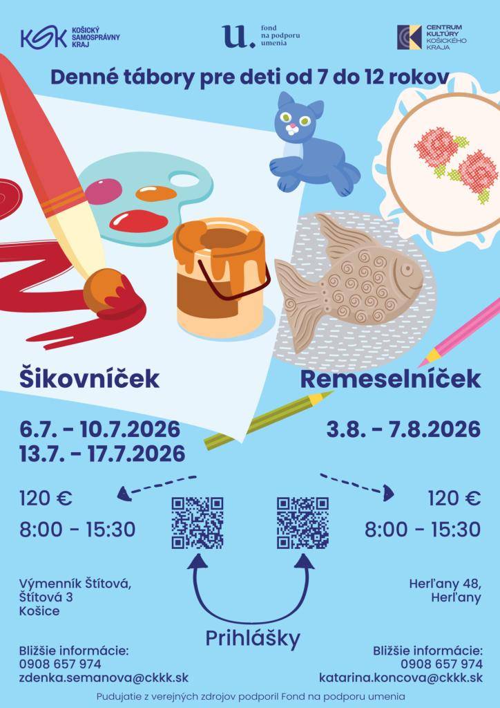 Centrum kultúry Košického kraja pripravuje denné letné tábory: Šikovníček, ktorý sa uskutoční 1.turnus: 6.7 - 10.7.2026, 2. turnus 13.7. - 17.7.2026 vo Výmeníku Šítová 3, Košice a Remeselníček, ktorý sa uskutoční 3.8. - 7.8.2026 v Herľanoch. Denné tábory sú určené deťom vo veku od 7 do 12 rokov.
