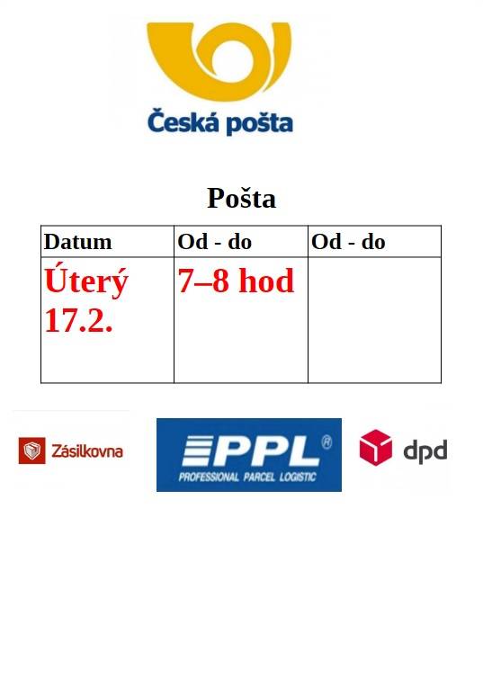POŠTA PARTNER VITICE  OMEZENÍ PRACOVNÍ DOBY - ÚTERÝ 17.2.2026 7-8 HODIN