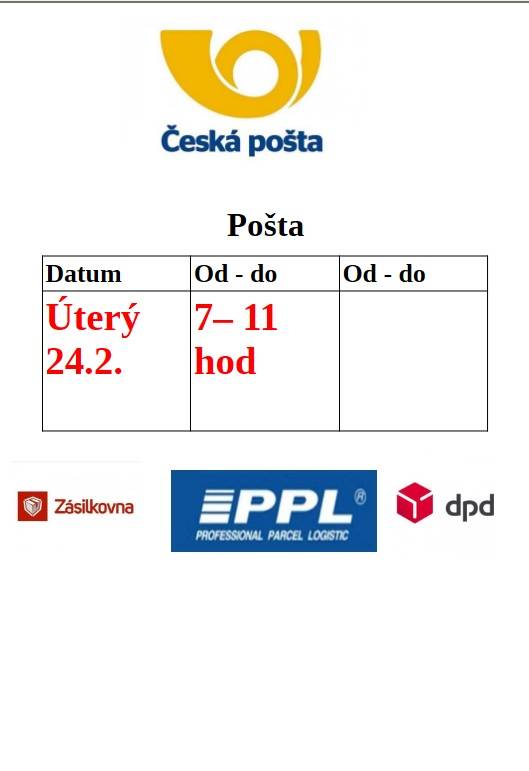 POŠTA PARTNER VITICE  OMEZENÍ PRACOVNÍ DOBY - ÚTERÝ 24.2.2026 7-11 HODIN