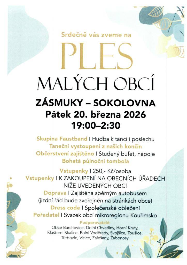 ZVEME VÁS NA PLES MALÝCH OBCÍ. LÍSTKY MOŽNÉ ZAKOUPIT V BUDOVĚ OBECNÍHO ÚŘADU VE VITICÍCH.