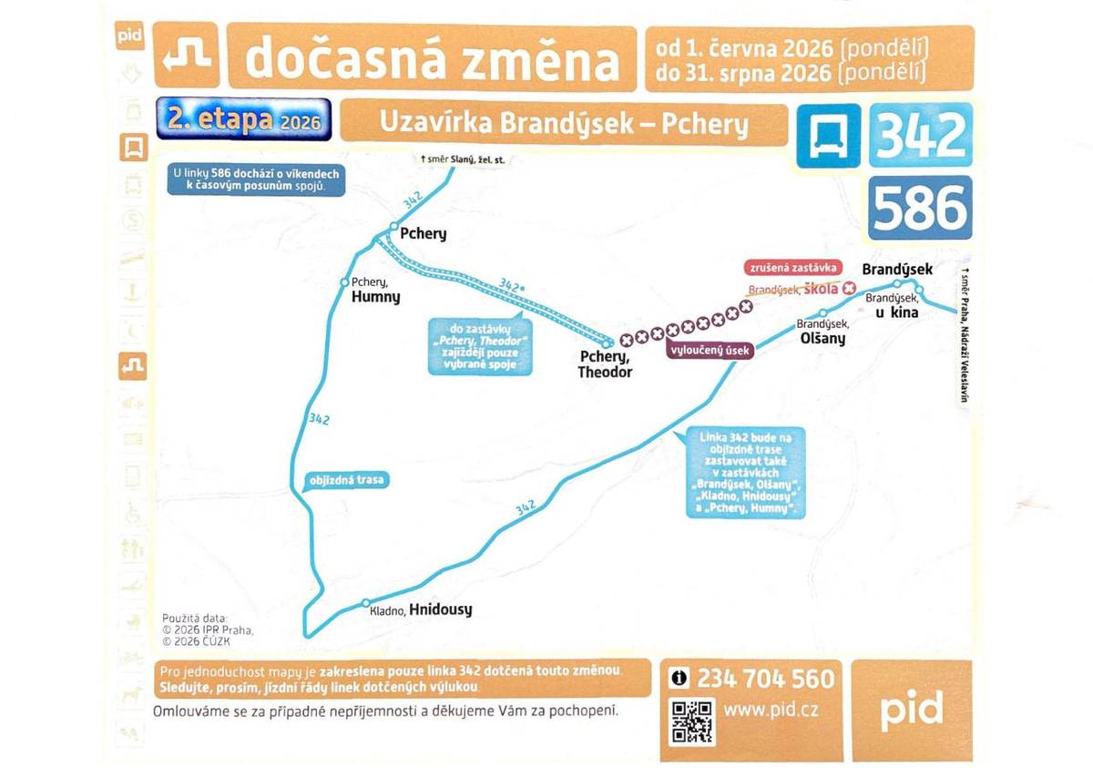 V období od 1. června do 31. srpna 2026 dojde k dočasné změně tras na lince PID 342 a úpravě časových poloh víkendových spojů na lince PID 586.