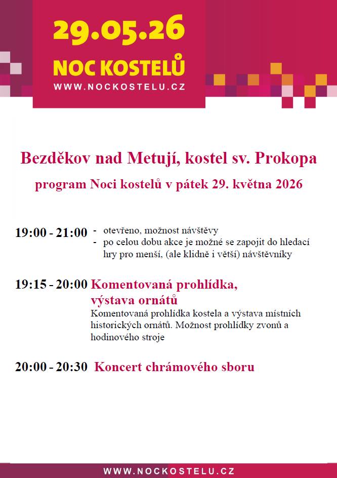 Už dnes večer Vás srdečně zveme do kostela sv. Prokopa v Bezděkově nad Metují na tradiční Noc kostelů 2026.