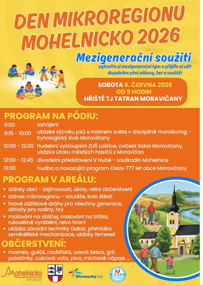 Společenství obcí Mikroregionu Mohelnicko srdečně zve na Den Mikroregionu Mohelnicko společně s oslavami 777 let obce Moravičany, dopoledne plné zábavy, her a soutěží pro všechny generace.