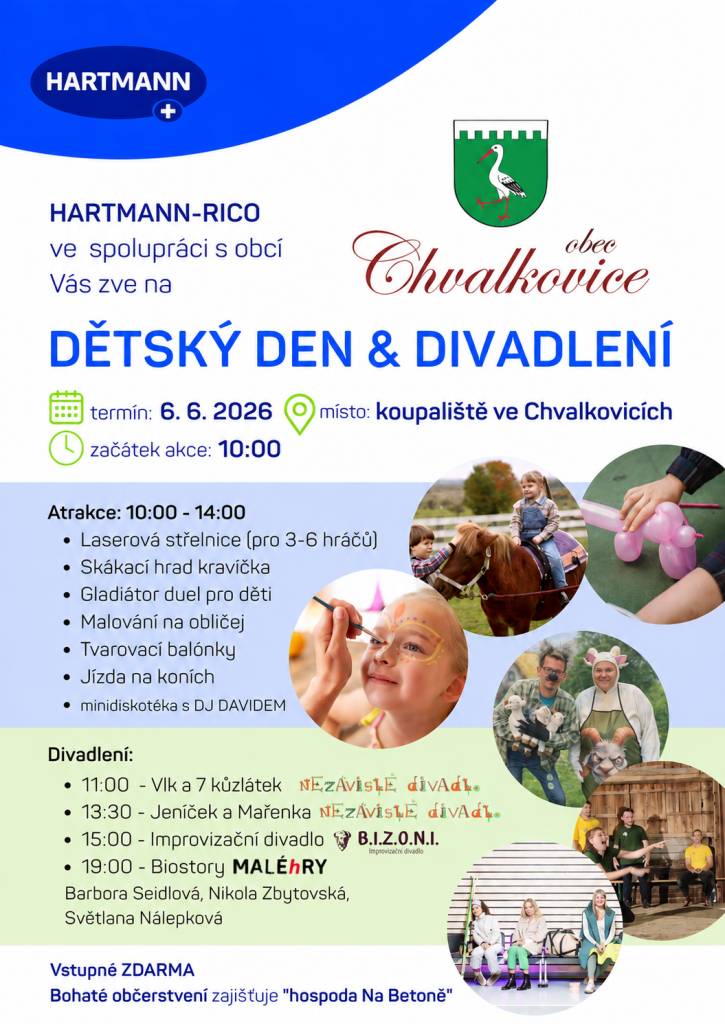 Dětský den a divadlení 2026 dne 6.6.2026 na koupališti ve Chvalkovicích od 10hodin.