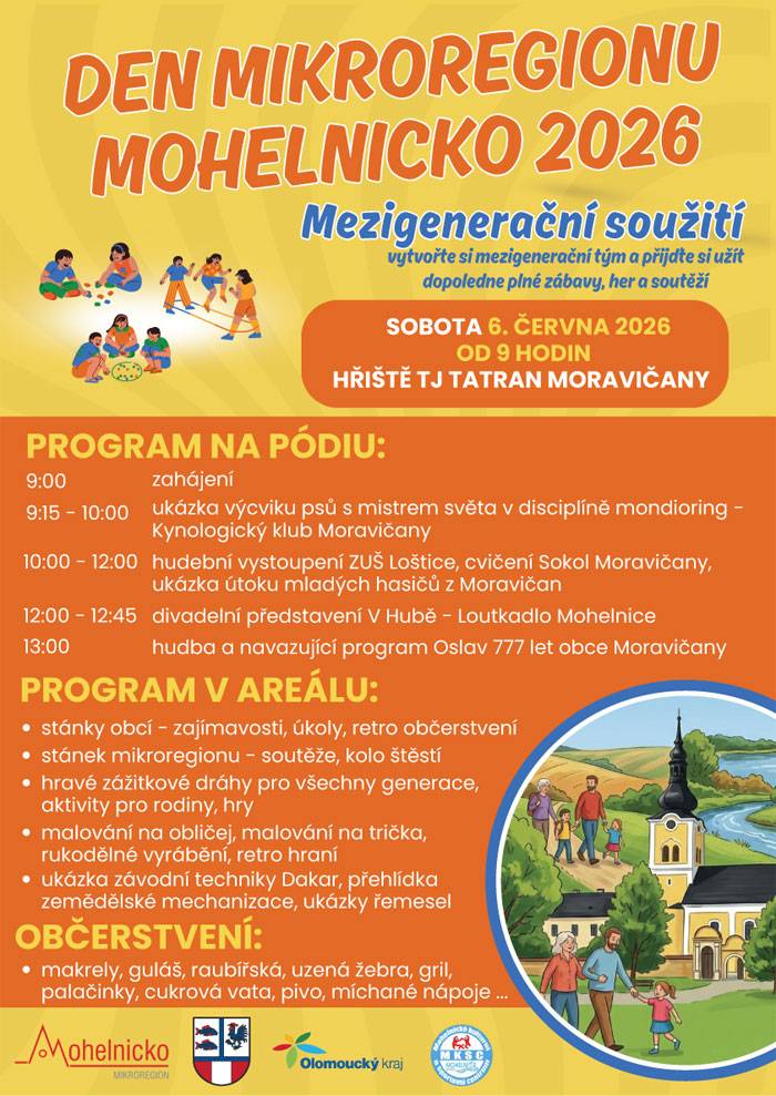 DEN MIKROREGIONU MOHELNICKO 2026 – Mezigenerační soužití v sobotu 6. června 2026 od 9 hodin na hřišti TJ Tatran Moravičany