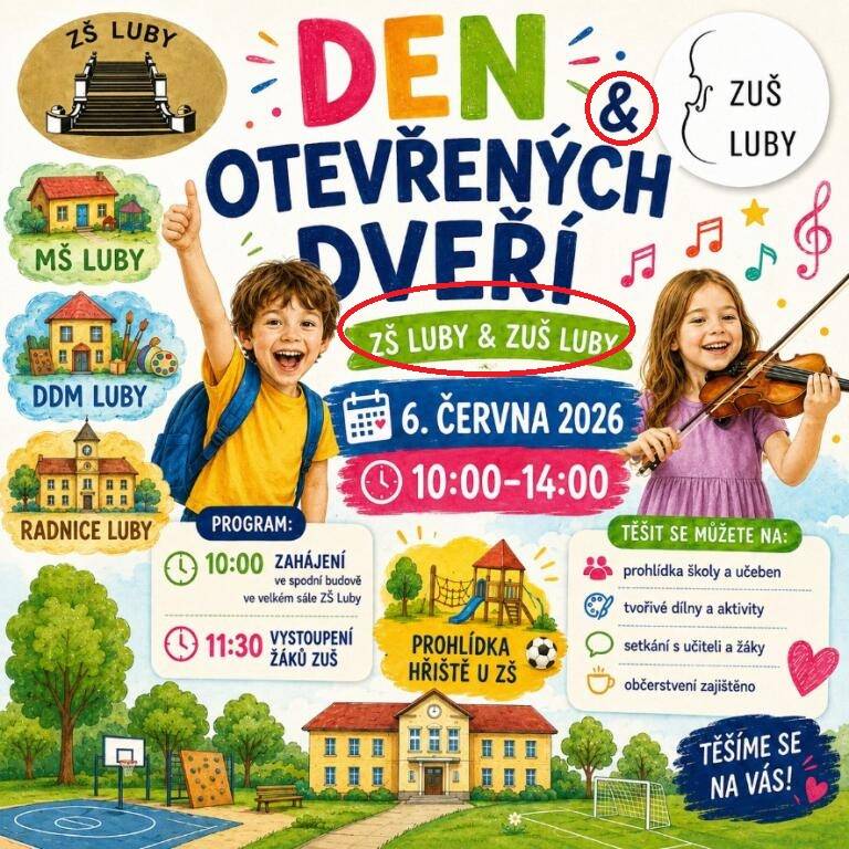 Pozvánka na prohlídku dolní budovy Základní školy, ZUŠ, hřiště u ZŠ, Mateřské školy, Domu dětí a mládeže a budovy radnice. Začínáme v 10:00 zahájením v sále dolní budovy ZŠ a v 11:30 koncertem v ZUŠ. Od 10:00 do 14:00 bude v dolní škole i v ZUŠ připraveno menší občerstvení.