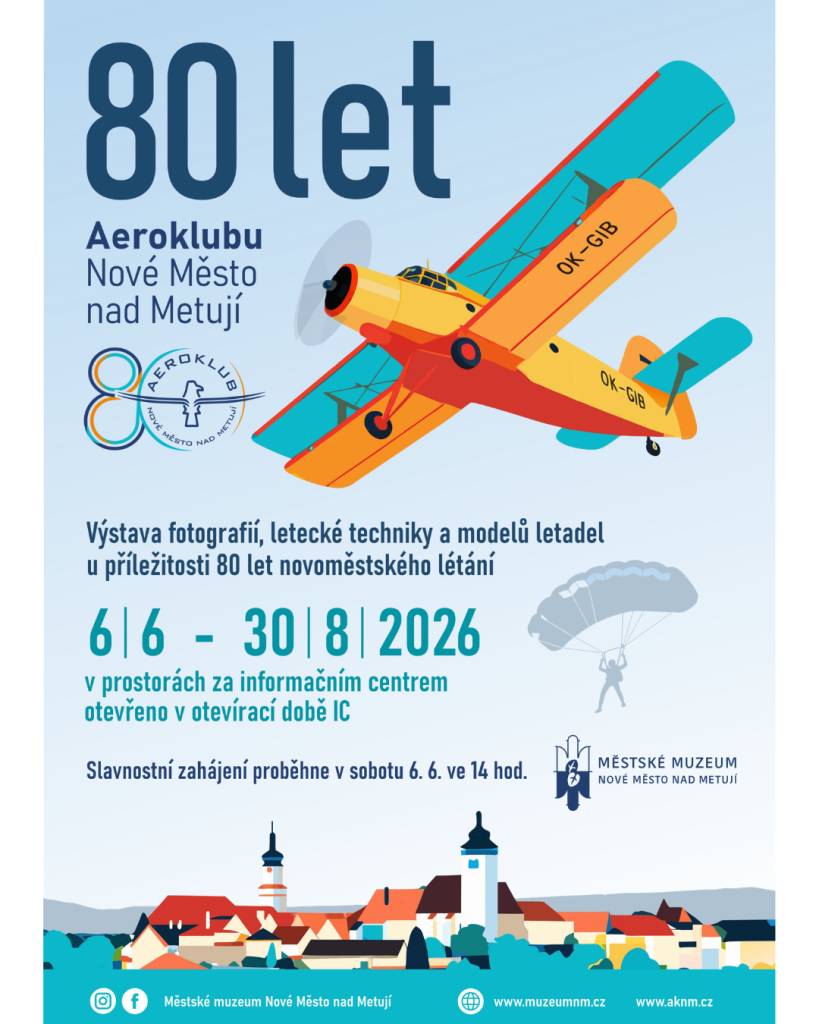 ✈️ výstava věnovaná historii novoměstského letectví a Aeroklubu NMnM. K vidění jsou modely letadel, která v minulosti prošla novoměstským letištěm, historické fotografie a další zajímavé materiály o létání v Novém Městě nad Metují.
