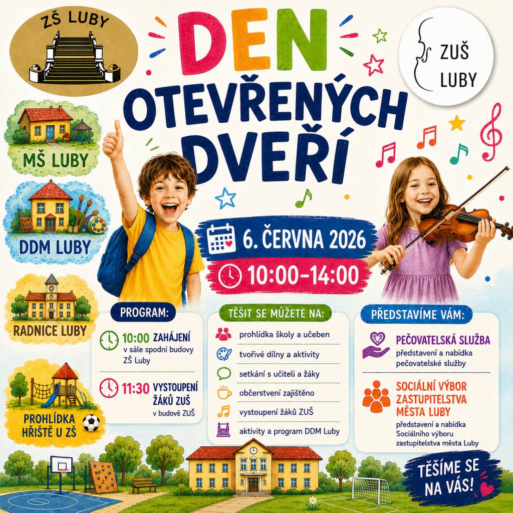 Pozvánka na prohlídku dolní budovy Základní školy, ZUŠ, hřiště u ZŠ, Mateřské školy, Domu dětí a mládeže a budovy radnice. Začínáme v 10:00 zahájením v sále dolní budovy ZŠ a v 11:30 koncertem v ZUŠ. Od 10:00 do 14:00 bude v dolní škole i v ZUŠ připraveno menší občerstvení.