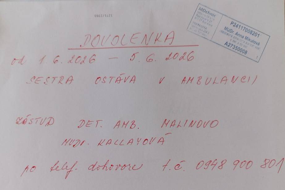 Detská lekárka v Tomášove oznamuje svojim pacientom, že v dňoch 1.6. do 5.6.2026 nebude ordinovať. Zastupovanie podľa rozpisu nižšie.