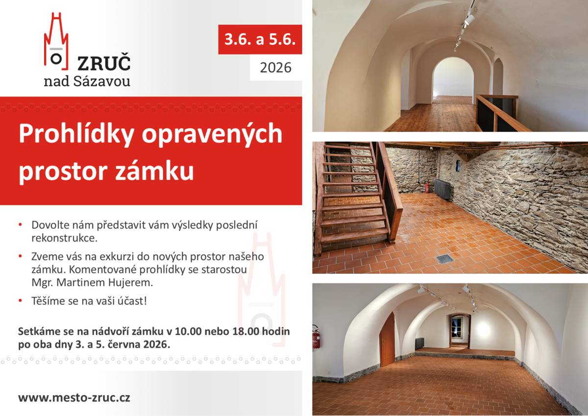 Dovolte nám představit vám výsledky poslední rekonstrukce. Zveme vás na exkurzi do nových prostor našeho zámku. Komentované prohlídky se starostou Mgr. Martinem Hujerem.  Na nádvoří zámku se setkáme ve středu 3.6. a v pátek 5.6.2026 vždy od 10 hodin a od 18 hodin.  Rezervace předem nejsou nutné.