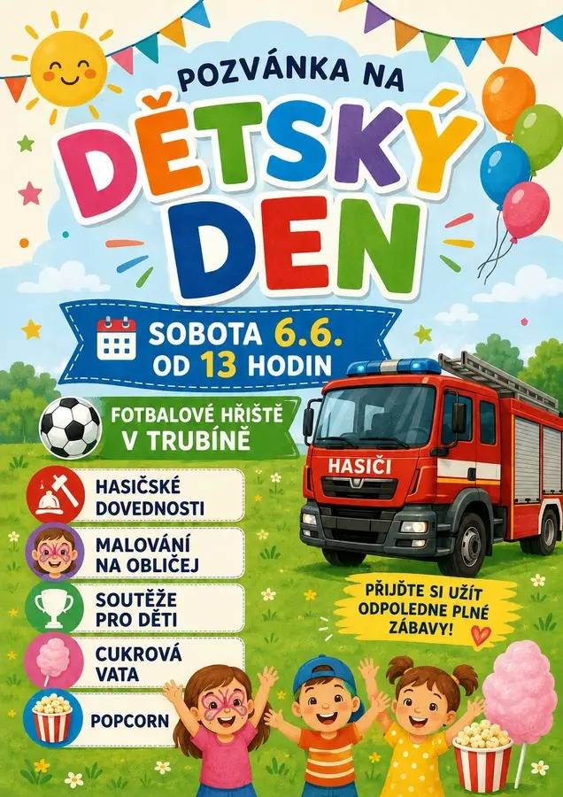Přijďte si užít spoustu zábavy v sobotu 6. června 2026 od 13:00 hodin na fotbalovém hřišti v Trubíně.