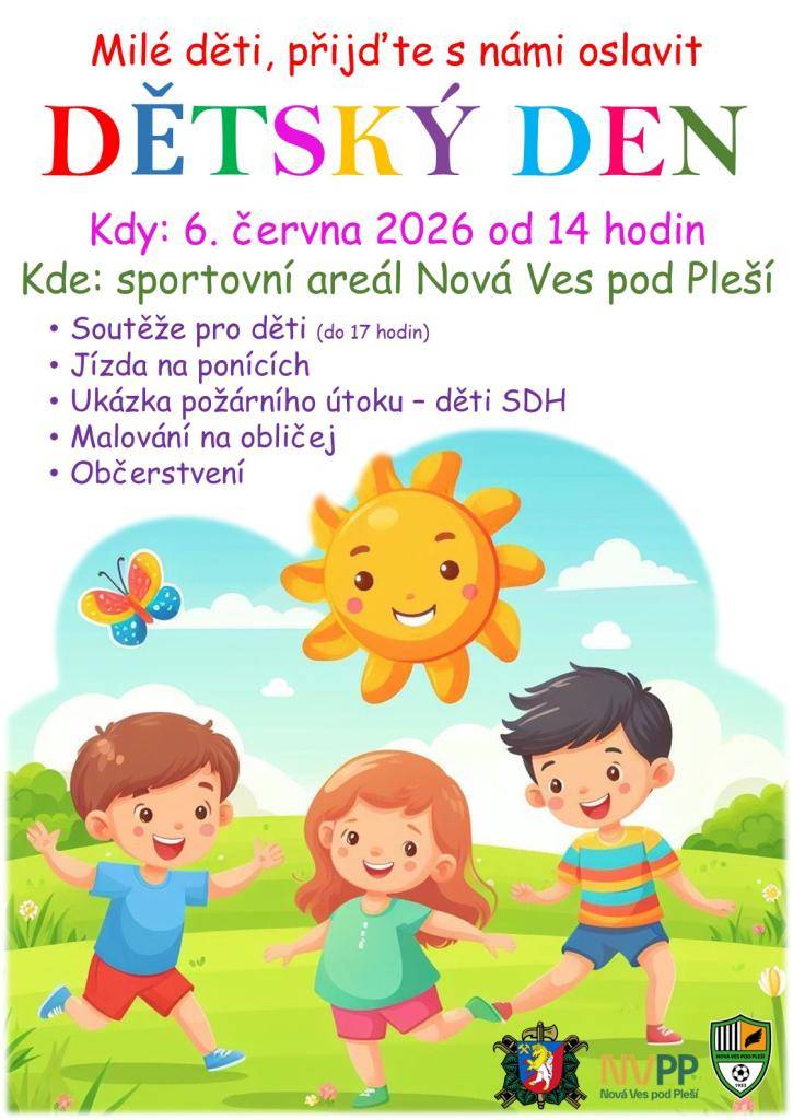 V sobotu, 6.6., od 14 hod. se sejdeme ve sportovním areálu k oslavě dne dětí!    Do 17 hodin se můžete těšit na soutěže, jízdu na ponících, malování na obličej nebo ukázku požárního útoku od našich malých hasičů.     Těšíme se na Vás!