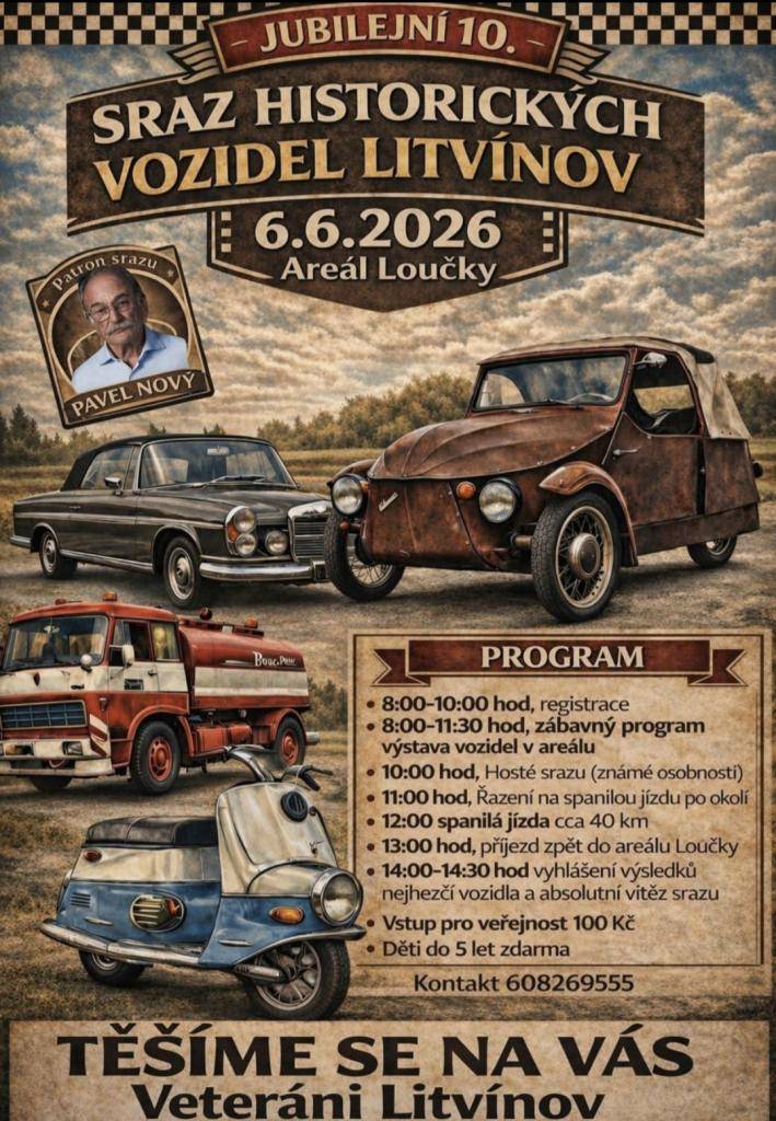 Jubilejní 10. sraz historických vozidel se uskuteční v Litvínově v sobotu 29. května 2026. Registrace začne v 8:00, následovat bude zábavný program do 11:30 a výstava vozidel. V 10:00 se představí známé osobnosti a v 11:00 dojde k řazení na spanilou jízdu, která povede po okolí. Jízda potrvá přibliž