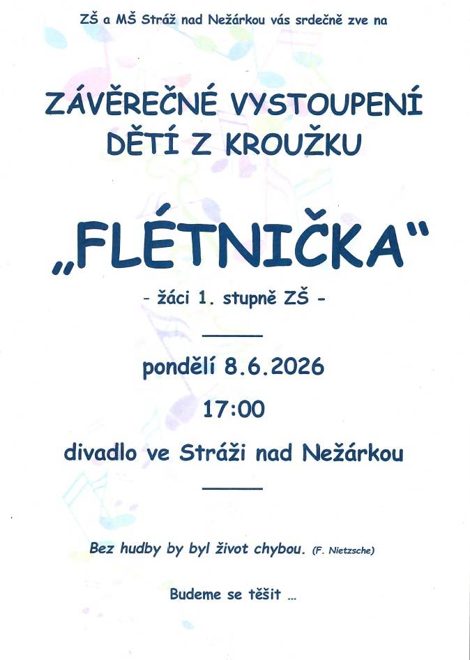 ZŠ a MŠ Stráž nad Nežárkou vás srdečně zvou na závěrečné vystoupení dětí z kroužku Flétnička. Akce proběhne v pondělí 8. června 2026 od 17:00 v divadle ve Stráži nad Nežárkou.