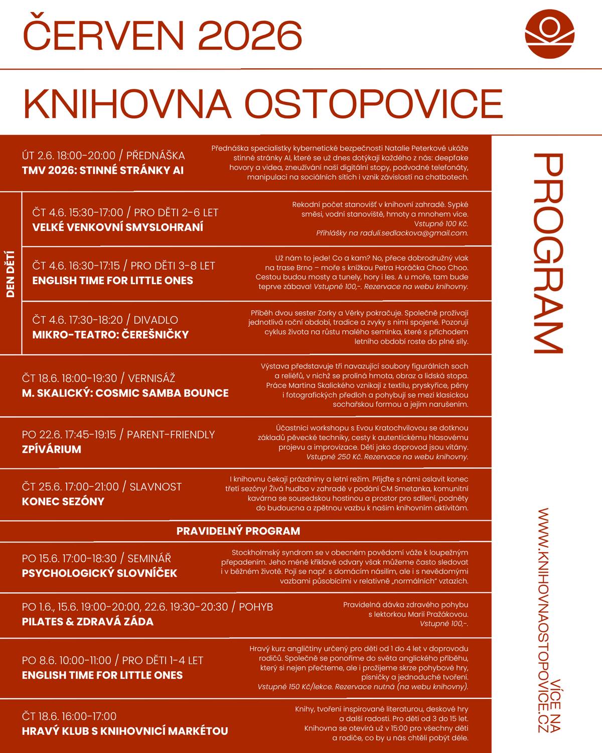 Srdečně zveme na červnové akce v obecní knihovně.  Doporučujeme rezervace místa na webu knihovny: https://www.knihovnaostopovice.cz/program.