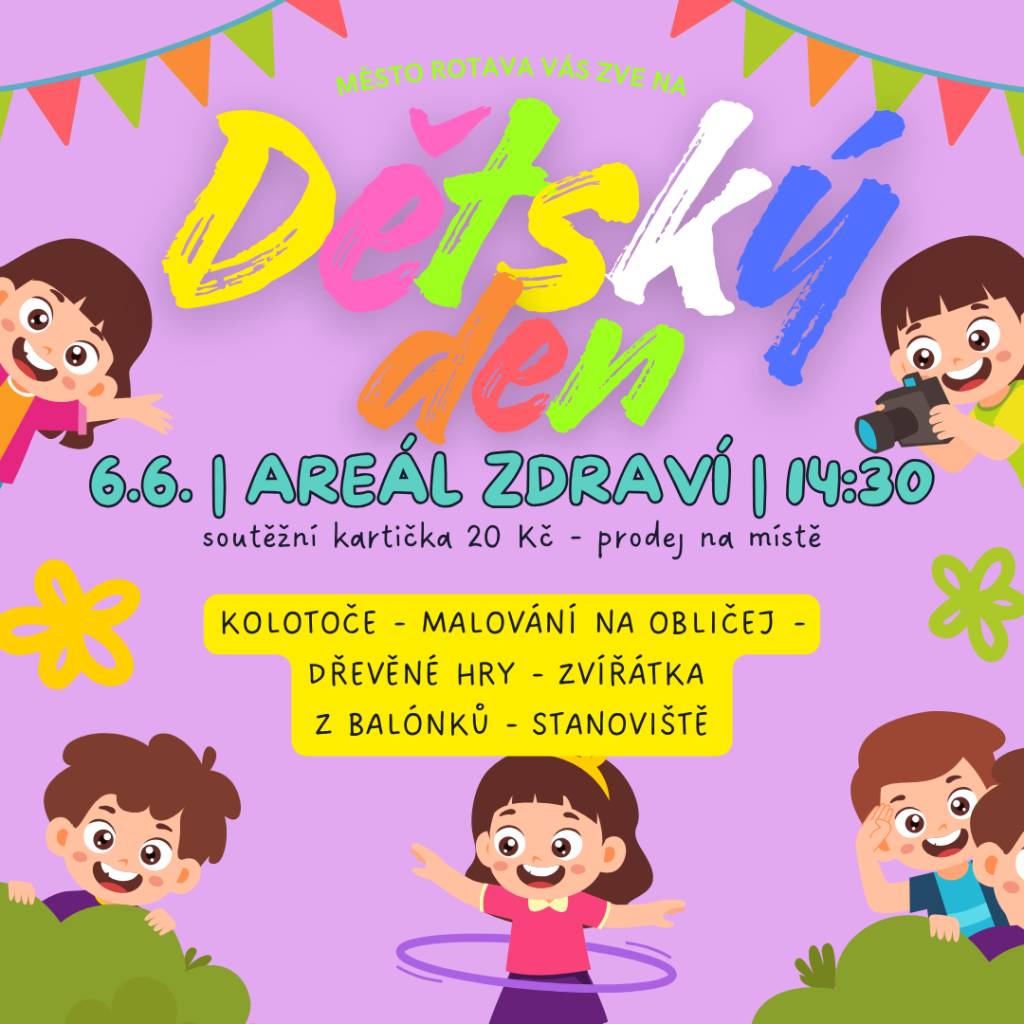Město Rotava vás srdečně zve na veselý Dětský den, plný smíchu, her a barevné zábavy! Přijďte si užít odpoledne, na které děti jen tak nezapomenou