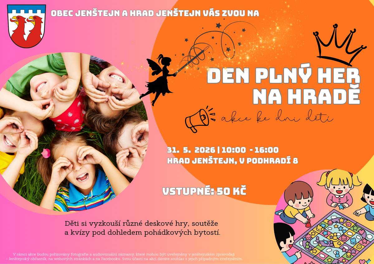 Přijďte s dětmi oslavit jejich den tak, jak si ho zaslouží – hravě, vesele a trochu kouzelně ✨ Čekají Vás deskové hry, soutěže i kvízy a to vše pod dohledem pohádkových bytostí... 📅 31. 5. 2026 | 10:00–16:00 hodin 📍 Hrad Jenštejn 🎟️ vstupné: 50 Kč Vezměte děti, dobrou náladu a přijďte si hrát! 💛