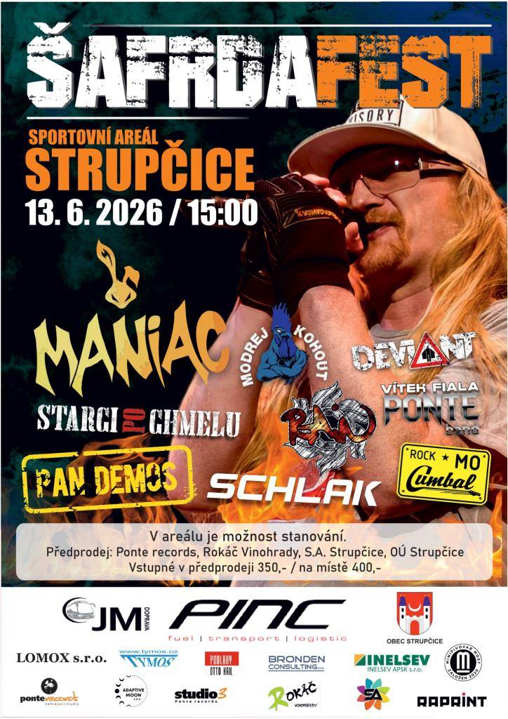Obec Strupčice pořádá dne 13.06.2026 od 15:00 ŠAFRDAFEST ve sportovním areálu Strupčice.