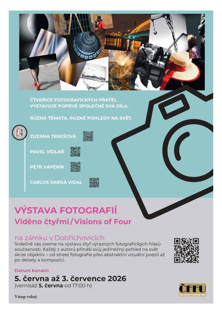 Od street fotografie přes abstraktní vizuální poezii po detaily a vizualizaci. Vystavují Zuzana Terešová, Pavel Vidlař, Petr Vápeník a Carlos Sardá Vidal.