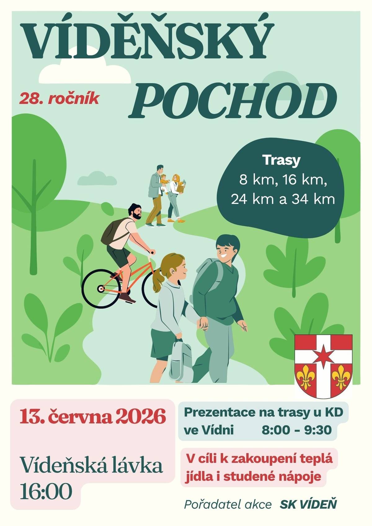 SK Vídeň Vás srdečně zve na tradiční Vídeňský pochod, který se uskuteční v sobotu 13. června 2026. Doplňujeme a zveřejňujeme jednotlivé trasy pochodu. Na odkazu níže si můžete stáhnout mapové podklady i trasy ve formátu GPX pro navigace a mobilní aplikace. Trasy jsou k dispozici pro pěší i cyklistické účastníky. Těšíme se na Vaši účast a věříme, že si společně užijeme krásný den plný pohybu, poznávání okolní přírody a příjemných setkání. 🚶♀️🚶♂️🚴♀️🚴♂️ odkaz ke stažení tras ve formátu GPX
