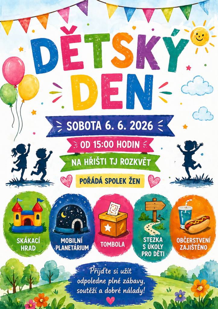 V sobotu 6.6.2026 se bude konat od 15 hodin Dětský den.   Srdečně zve Spolek žen.