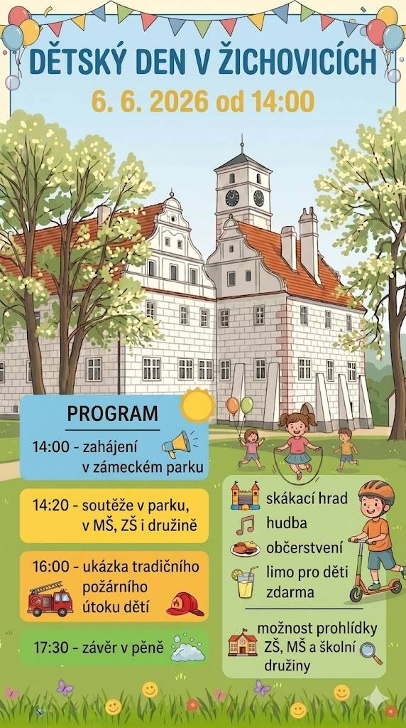 Zveme všechny děti, rodiče i prarodiče na Dětský den, který se uskuteční 6. června 2026 v zámeckém parku, MŠ, ZŠ a školní družině v Žichovicích. Začátek akce je ve 14:00 hod v zámeckém parku.