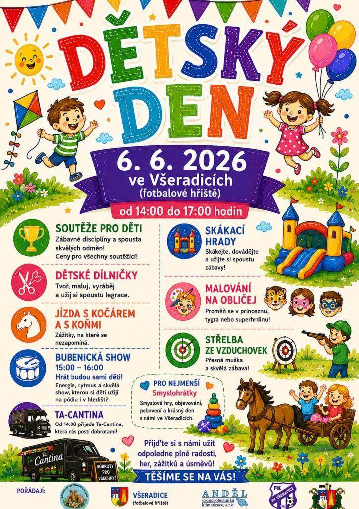 Krápníček spolu s ostatními spolky vás a vaše ratolesti srdečně zve na oslavu Dětského dne, která se uskuteční v sobotu 6. června 2026 od 14:00 do 17:00 hodin na místním fotbalovém hřišti.  Čeká vás odpoledne plné radosti, her, zážitků a úsměvů!