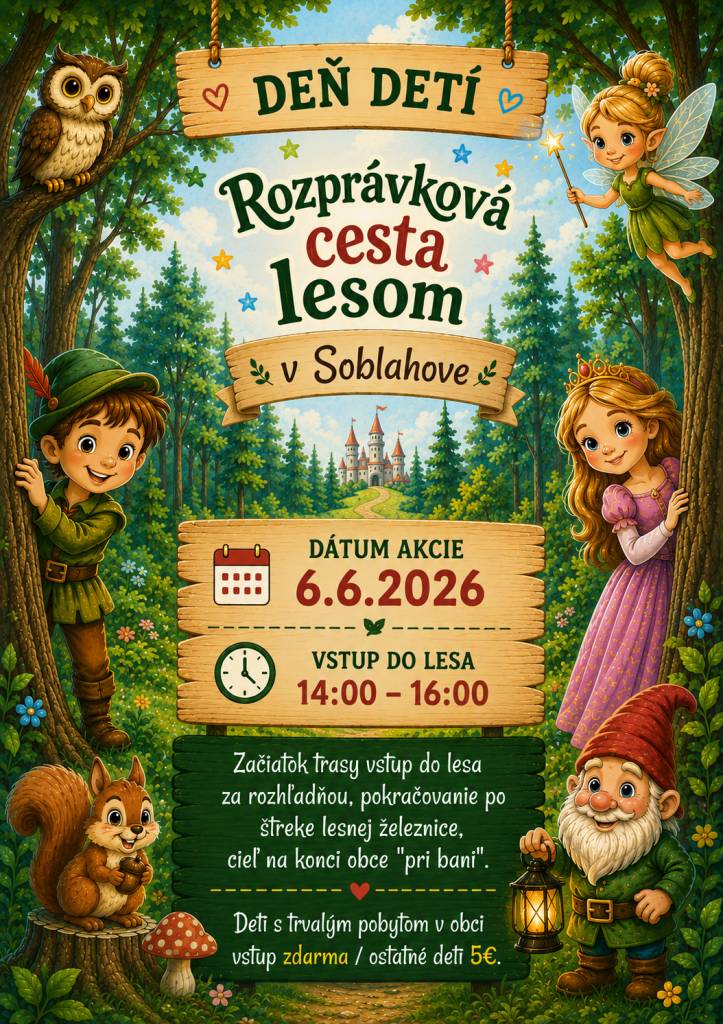 Milé deti,  Srdečne vás pozývame na Rozprávkovú cestu lesom v sobotu dňa 6.6.2026. Vstup do lesa od 14:00 do 16:00.  Tešíme sa na Vás!