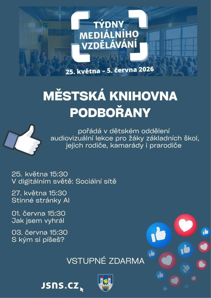 Městská knihovna Podbořany Vás zve na Týdny mediálního vzdělávání 1. a 3. června od 15:30 v dětském oddělení městské knihovny. Vstup volný