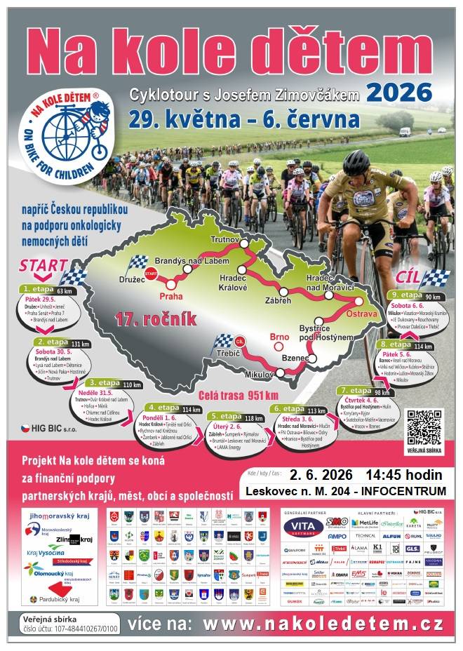 Cyklotour s Josefem Zimovčákem se koná 29. 5. - 6. 6. 2026. Obcí Leskovec n. Moravicí projíždí 2. června, zastávka bude u INFOCENTRA v 14:45 hodin.