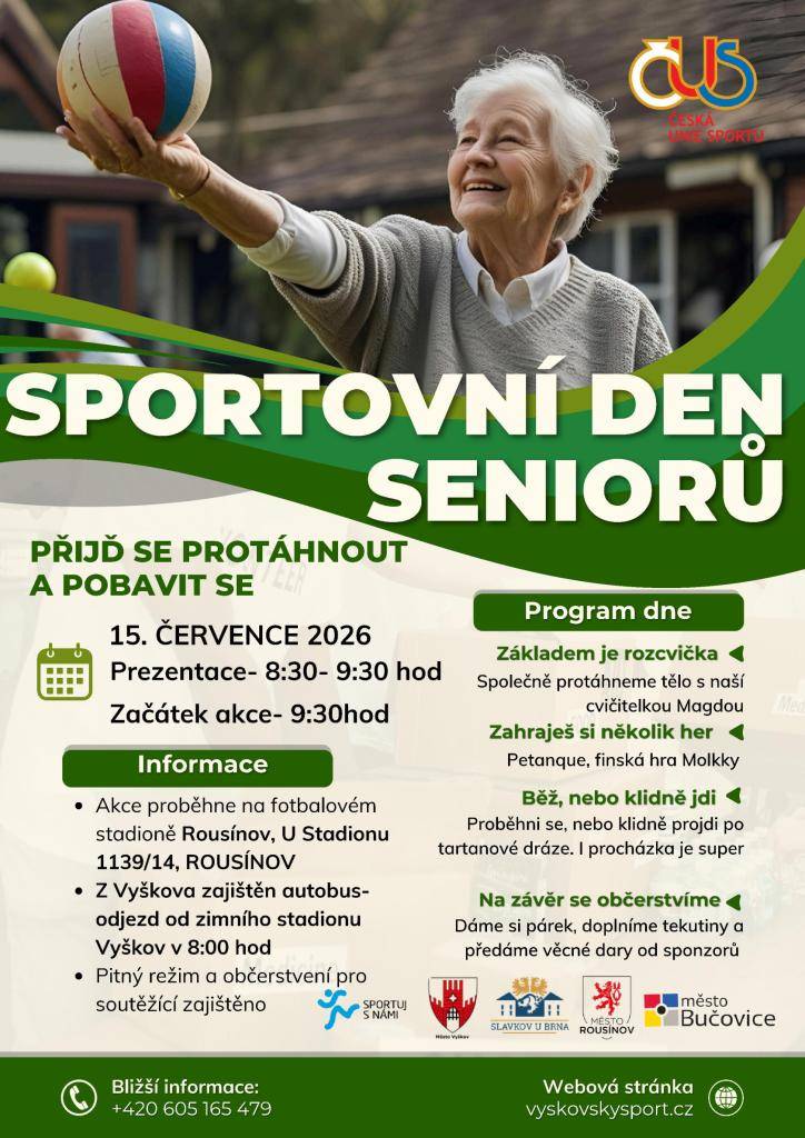 Sportovní den seniorů v Rousínově, 15. 7. 2026  prezentace 8:30 - 9:30 hod  začátek od 9:30 hod.